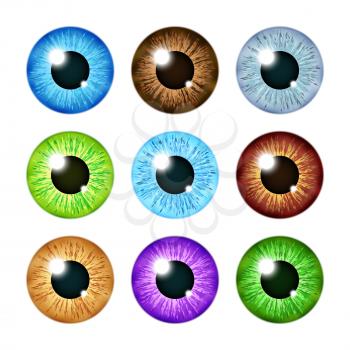 Realistic multi colored eyeball iris pupils set. Human color eyeball, illustration of eyeball green and blue