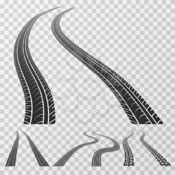 Curved tire tracks stretching to the horizon, tread marks isolated on transparent background vector. Track tire grunge, illustration of rubber track tire isolated on checkered background