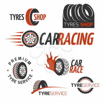 Automobile rubber tire shop, car wheel, racing vector logos and labels set. Automobile maintenance service, illustration of auto service logo garage