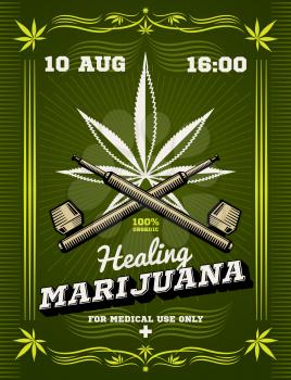 Marijuana smoker, weeds, drug warning vector background. Drug cannabis for medical use, illustration of banner healing cannabis