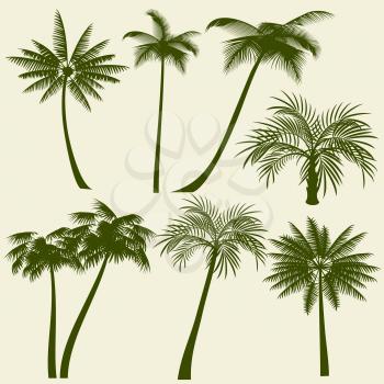 Summer holiday palm tree vector silhouettes. Tropical beach green palm, illustration of plant palm paradise