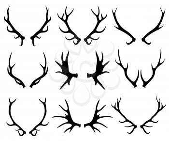 Antlers, deer and reindeer horns vector silhouettes isolated on white. Black silhouette deer horns illustration