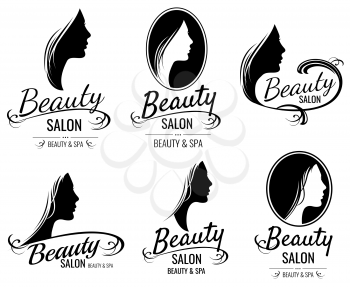Beautiful female face portrait, woman head silhouette vector logo templates for barber shop, beauty salon, cosmetic products, spa center. Illustration of stylish emblem spa salon