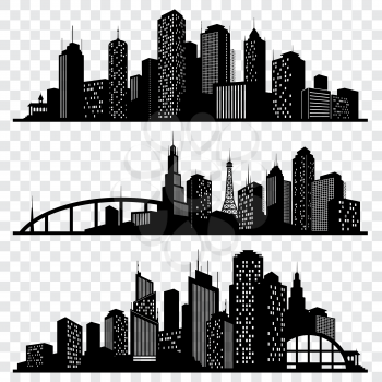 City building vector silhouettes, urban vector skylines set. Urban architecture silhouette, skyline cityscape architecture illustration