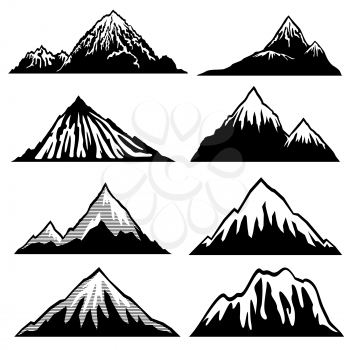 Highlands, mountains vector silhouettes with snow capped peaks and hillsides. Snow mountain set illustration