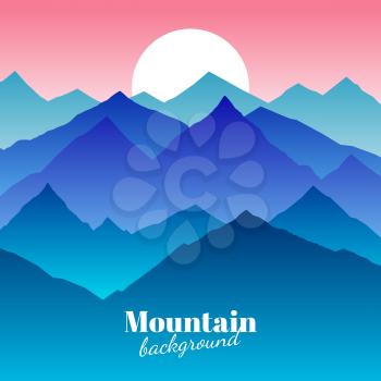 Nature abstract mountain landscape and sunset vector background. Mountain and sun, illustration of outdoor sky with sun and mountain