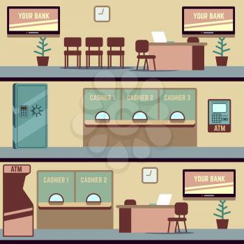 Empty bank office interior vector illustration. Interior of lobby bank with atm and cashier window