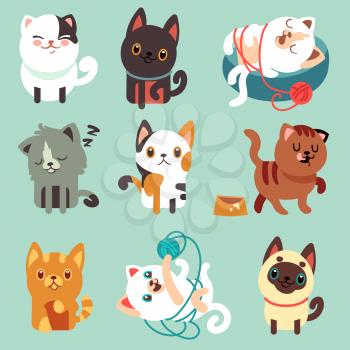 Cute cartoon cats, funny playful kittens vector set. Pet funny kitty, illustration of character happy play kitten