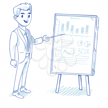 Happy businessman explains product sales chart. successful strategy business vector concept hand drawn, doodle vector illustration. Presentation new product sale chart, successful strategy sale for business