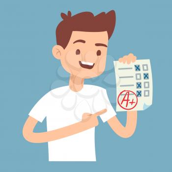Teen student holding paper with perfect school exam test vector illustration. Student with result exam, success student education