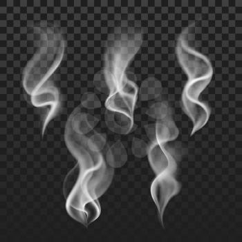 Transparent steam, cigarette smoke waves, fog texture vector set. Transparent smoke abstraction, illustration of template smoke isolated in checkered backdrop