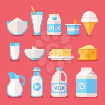 Dairy, milk, yogurt, cream, cheese products flat vector icons set. Milk product food illustration, fresh farm milk in bottle