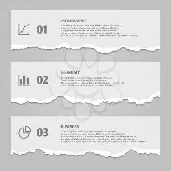 Torn paper sheets with numbers, infographic icons, paper banners with ripped edges - vector stock. Paper part torn strip, illustration of stripe horizontal torn infographic banner