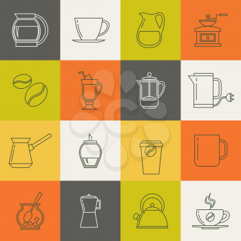 Multicolor coffee thin line vector icons set. Collection of line design tea and coffee signs illustration