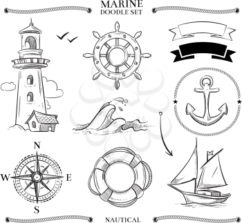 Rope frames, boats, marine knots, anchors nautical vector doodle set. Compass and ship boat sailing, illustration of nautical ship