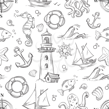 Nautical vector doodle seamless pattern with sea animals, sailboat and anchor. Sea doodle background, illustration of ocean seamless background