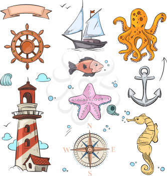Nautical vector doodle design set with sea star, octopus, sailboat, anchor, compass and lighthouse. Steering wheel and sailboat, illustration of transportation nautical sailboat