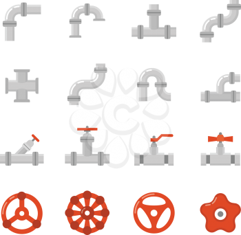 Pipe connector, water pipe fitting flat vector icons for plumbing and piping work. Set of tube construction with valve, illustration of steel tube