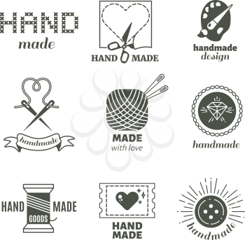 Vintage hipster handmade, hairstyle, handiwork vector badges, labels, logos. Workshop label set, illustration of hand made work shop