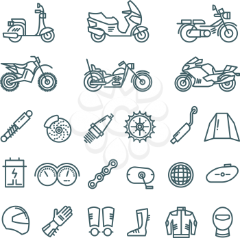 Motorcycle, auto parts and motorbike accessories vector line icons. Motorbike linear design, illustration of part for motorbile