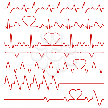 Cardiogram and pulse vector symbols with heart shape. Medical cardiogram, illustration of red line frequency cardiogram