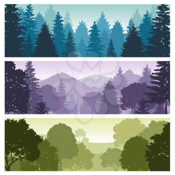 Silhouette forest panorama skyline with pine trees, vector nature wildlife landscape backgrounds. Wildlife forest silhouette, skyline panorama forest illustration