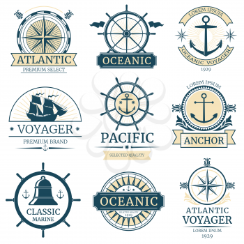 Retro nautical vector labels, badges, logos and emblems. Vintage marine label with ocean ship, illustration of retro label design