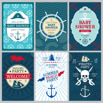 Nautical baby shower, birthday, beach party vector invitation cards. Template of nautical banner for birthday party, illustration of birthday poster
