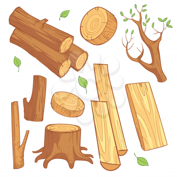 Cartoon wooden materials, lumber, firewood, wood stump vector set. Wooden material for firewood, illustration of natural wood log