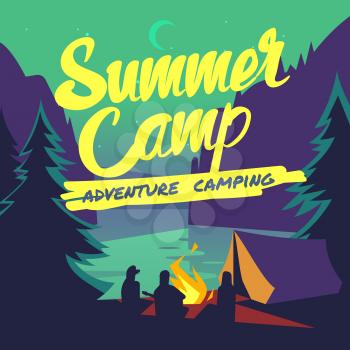 Night forest with moonlight and campfire summer adventure camping vector poster. Camp outdoor in forest, illustration of camp with campfire and tent