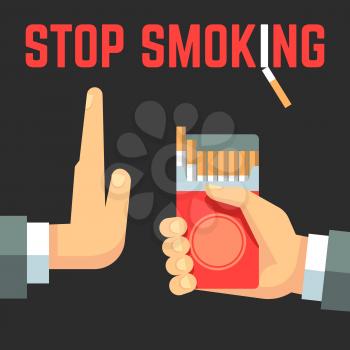 No smoking vector concept. Hand with cigarette and hand with reject gesture. No cigarette banner, no smoke tobacco concept illustration