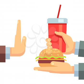 Stop fast food junk snacks vector concept with refusing hand. Fast food and soda beverage, illustration of fast food breakfast