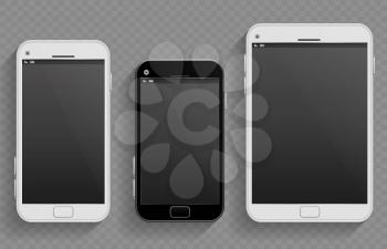 Touch screen mobile phones, smartphones in different size and tablet vector realistic templates. Set of smartphones, illustration of phone with touch screen