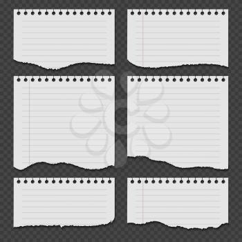 Notebook papers with torn, ripped edge vector set. Ripped paper page, empty damaged rip paper illustration
