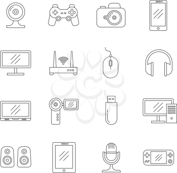 Gadgets and computer technology thin line vector icons. Technology gadgets of set, illustration of headphones and speakers equipment gadgets