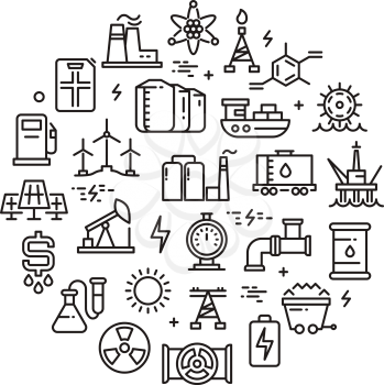 Energy, power and fuel vector line icons. Manufacture gas and oil badge, illustration of equipment industrial production oil
