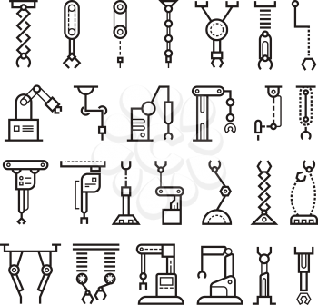 Manufacturing industrial robot, robotic arms vector line icons. Robotic industry manufacturing, illustration of technology robotic