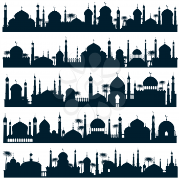 Islamic city skylines with mosque and minaret vector silhouettes arabic architecture. Black silhouette mosque and landmark, illustration of muslim panorama building silhouette city