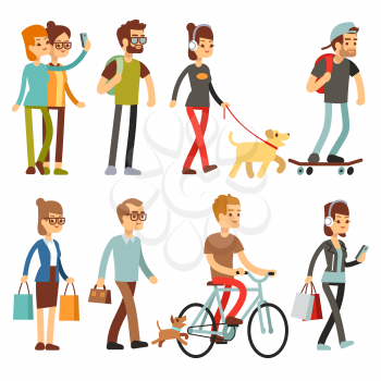 Walking people. Human persons on street in outdoor activity vector set. People woman and man, illustration of people walking and cycling