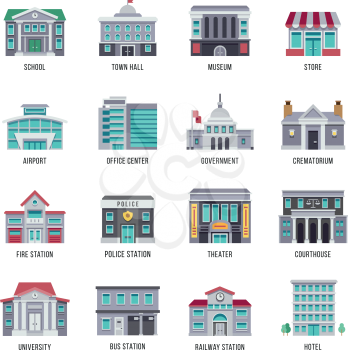 Government buildings vector flat icons set. City buildings university and courthouse, theater and police, illustration of fire station building