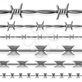Safety steel barbed and razor wire vector seamless prison borders set. Barrier with steel barbed for security prison, illustration of prison fence