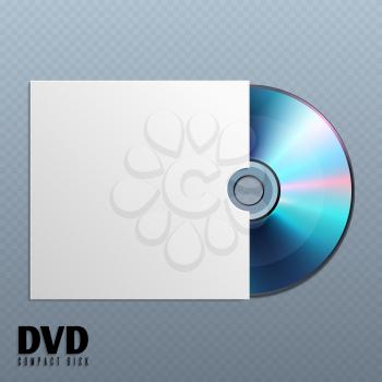 Dvd cd disk with white empty envelope cover vector illustration. Dvd disk music in paper box, dvd media disk with data