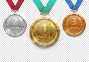 Olympic gold, silver and bronze award medals, winner honor prize vector set. Medal for winner, illustration of trophy medals