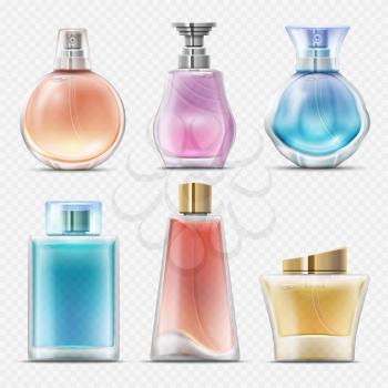 Realistic perfume and scented toilet water bottles vector set. Color perfume bottle, illustration of fragrance aroma perfume