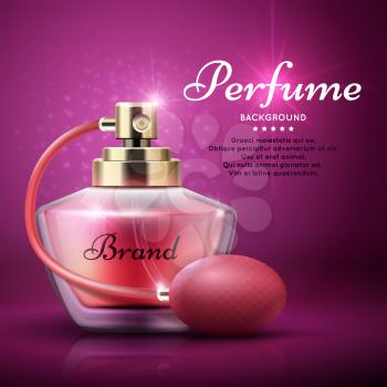 Perfume product vector background with sweet aroma woman fragrance. Aroma bottle perfume, illustration of banner with perfume