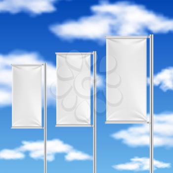 White flags and blue sky. Beach event advertising vector template. Empty flag for promotion, promo frame white flag illustration
