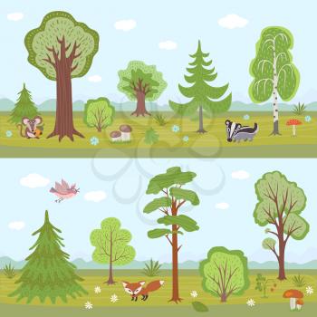 Forest vector landscapes set. Cartoon nature panorama with trees. Landscape forest park with tree and animal illustration