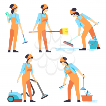 Cleaning service woman staff - cleaning staff of woman flat design. Set of cleaner professional woman. Vector illustration