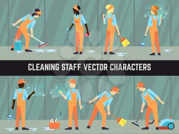 International cleaning staff - cleaning women and men vector characters illustration