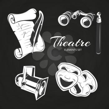 Popular theatre symbols set on chalkboard. Drawing performance show, vector illustration
